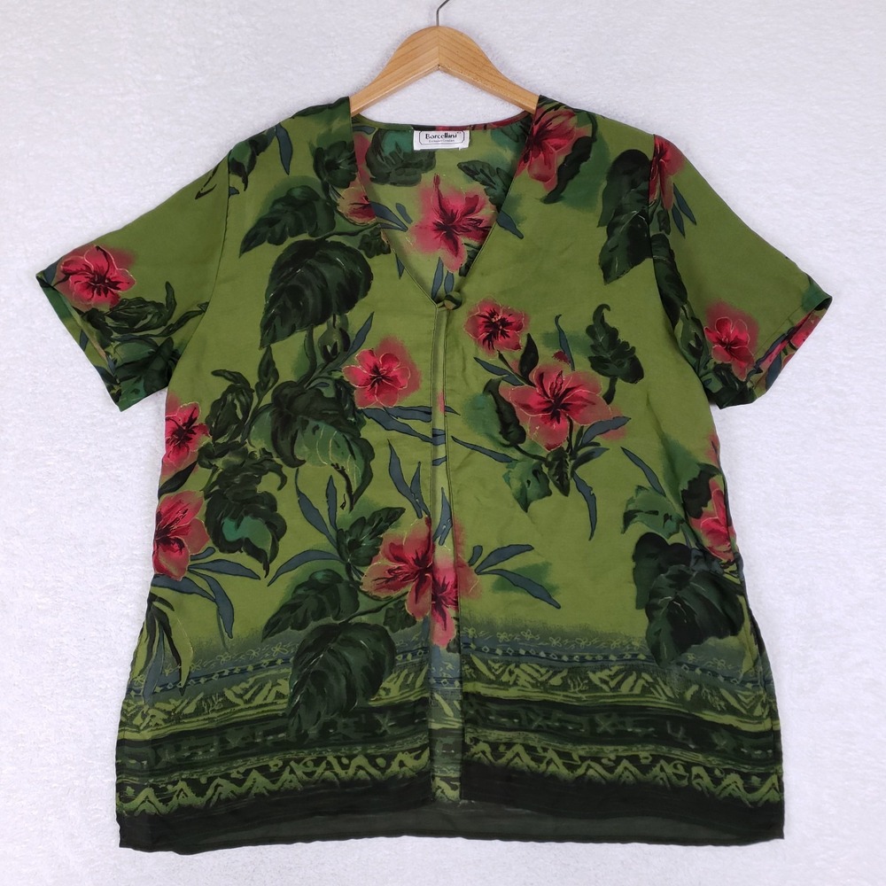 Vintage Borcellini‎ Green Red Floral Blouse Open Front Tropical Boho Resort XL